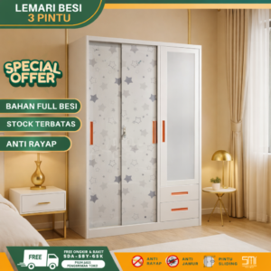 Lemari Pakaian Besi 3 Pintu 2 Laci 120 cm