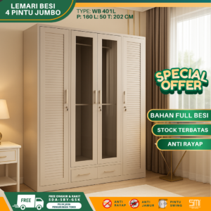 Lemari Pakaian Besi 4 Pintu LED 160 cm